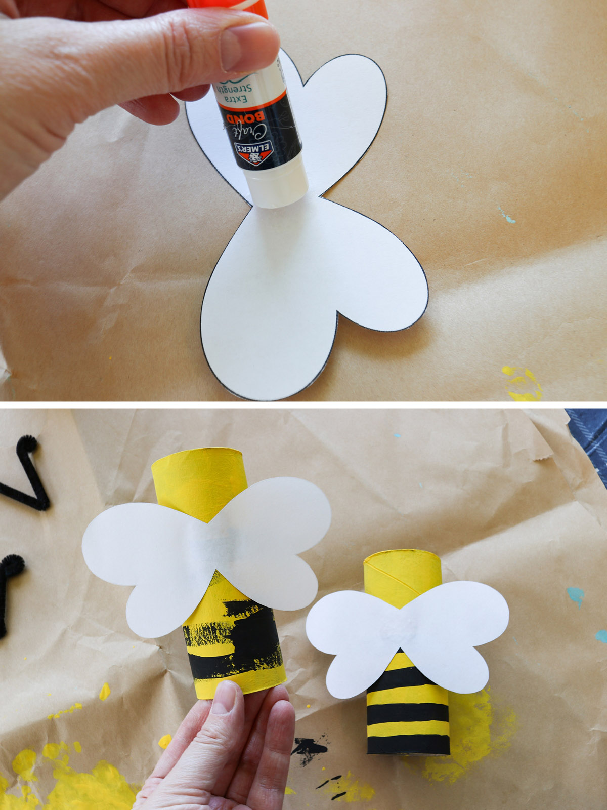 making wings for bee toilet paper craft and gluing on