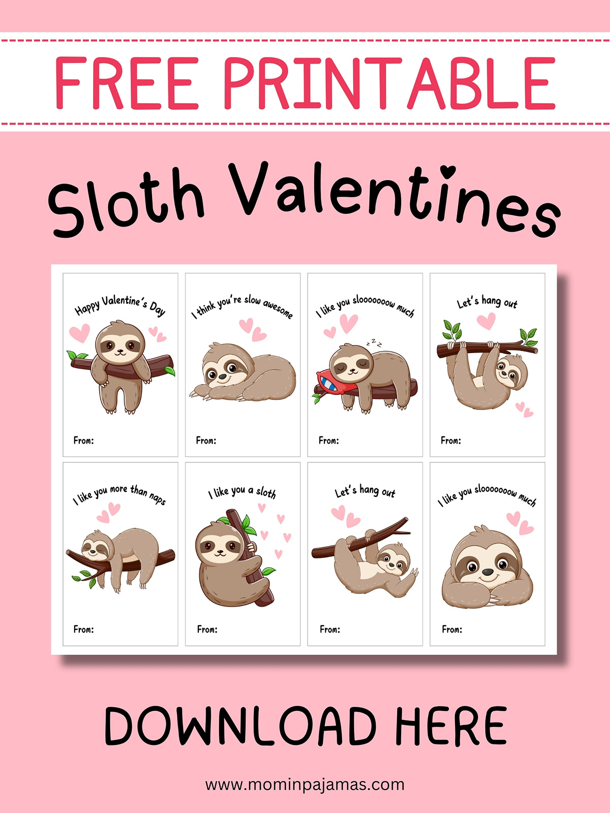 free printable sloth valentine's day cards for kids