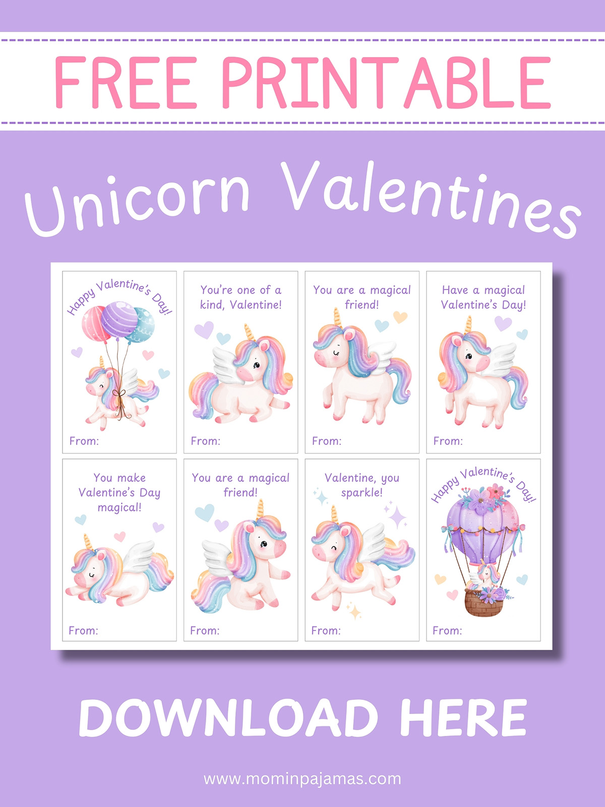free printable unicorn valentines for girls
