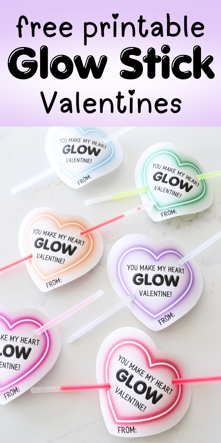 free printable glow stick valentines for kids, hearts that say "You make my heart glow valentine!"