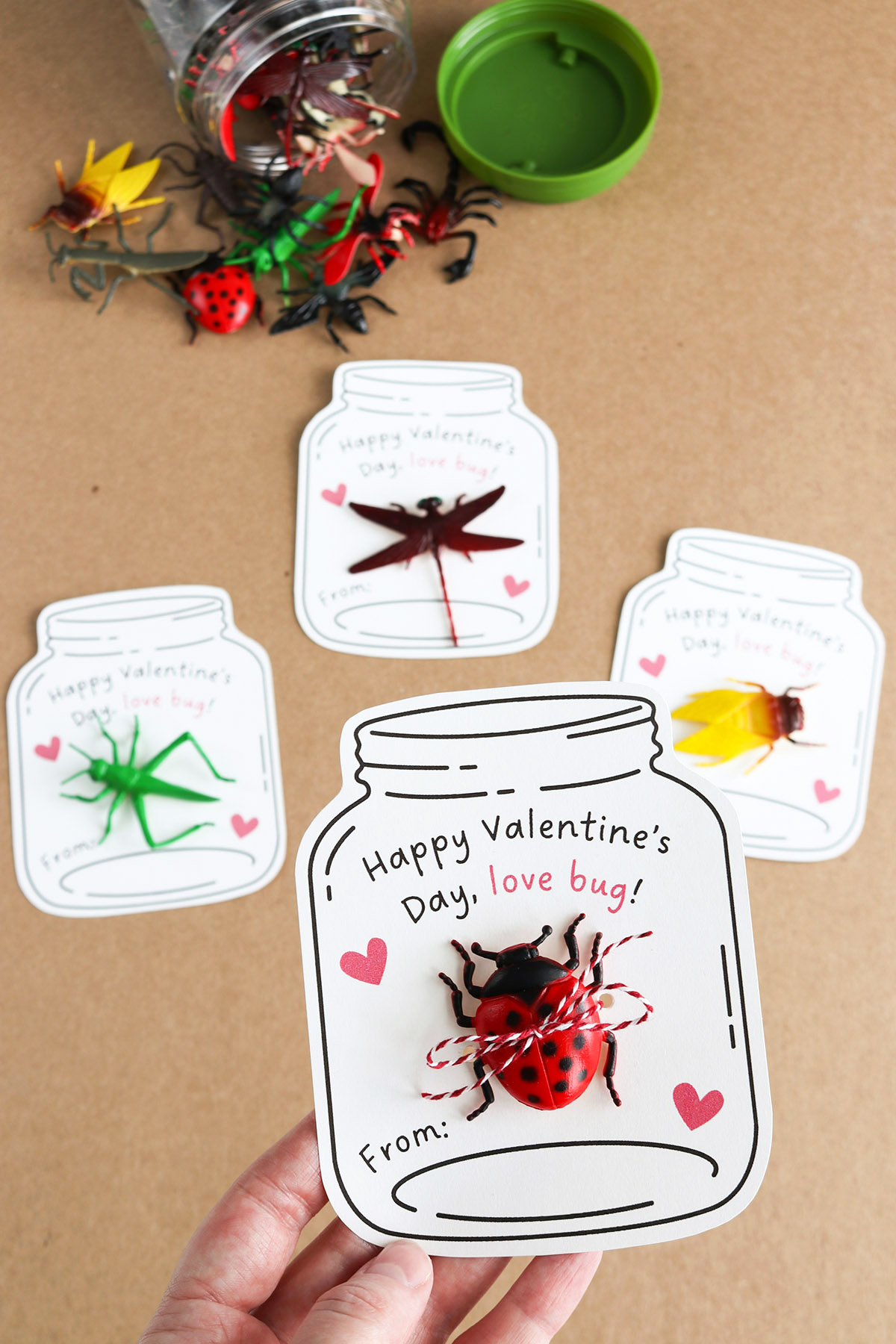 free printable love bug valentines, ladybug tied to printable paper jar with baker's twine