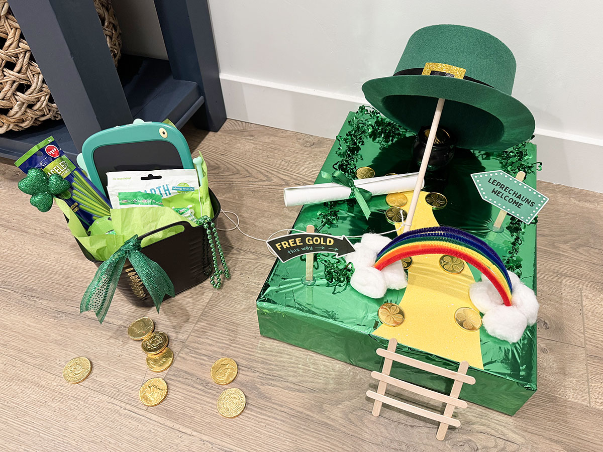 leprechaun trap and St. Patrick's Day gift basket for kids